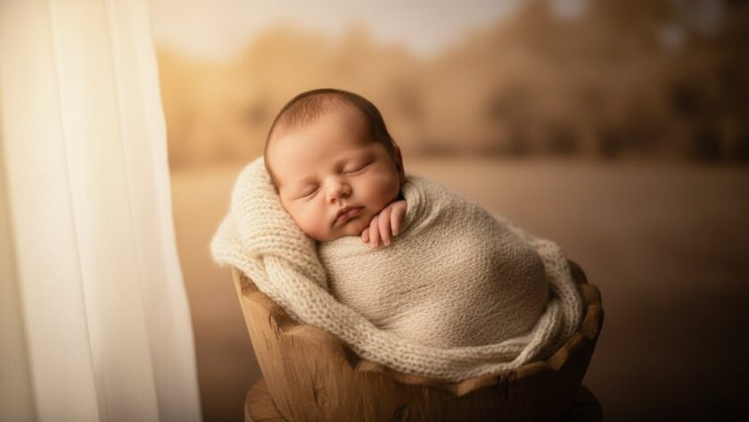 An 'Alfredton Newborn Photography Timeless Heirloom Portraits' image capturing a peaceful sleeping baby, wrapped in soft textures, bathed in golden light near a window overlooking a tranquil Alfredton garden, creating an ethereal and timeless portrait.