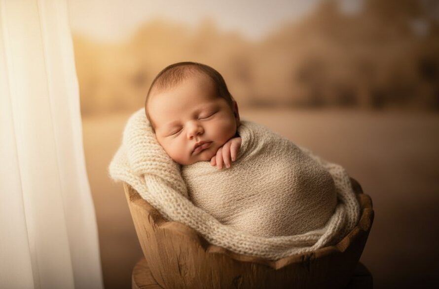 An 'Alfredton Newborn Photography Timeless Heirloom Portraits' image capturing a peaceful sleeping baby, wrapped in soft textures, bathed in golden light near a window overlooking a tranquil Alfredton garden, creating an ethereal and timeless portrait.