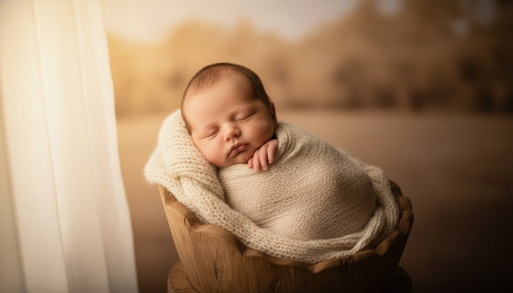 An 'Alfredton Newborn Photography Timeless Heirloom Portraits' image capturing a peaceful sleeping baby, wrapped in soft textures, bathed in golden light near a window overlooking a tranquil Alfredton garden, creating an ethereal and timeless portrait.