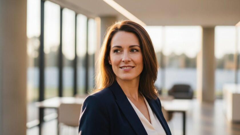 An inspiring close-up of a confident professional in Alfredton, bathed in warm, dramatic side lighting from the golden hour, reflecting their professional headshots for career growth, captured in a cinematic, epic moment style.