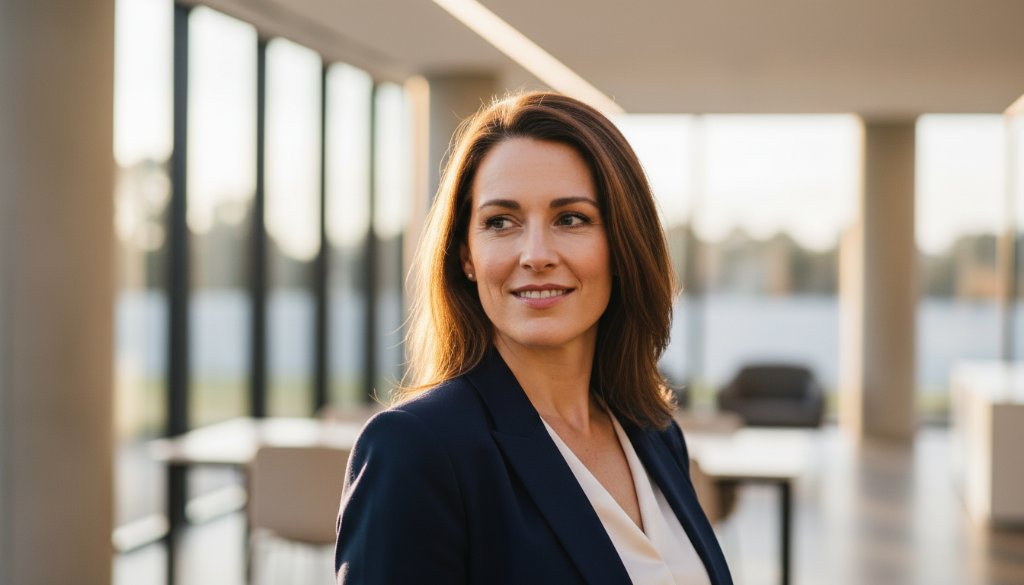 An inspiring close-up of a confident professional in Alfredton, bathed in warm, dramatic side lighting from the golden hour, reflecting their professional headshots for career growth, captured in a cinematic, epic moment style.
