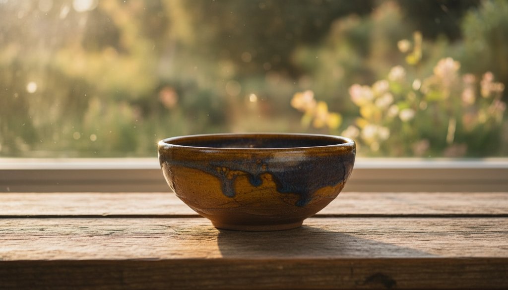 Dramatic close-up shot of a handcrafted ceramic vase, beautifully lit with golden hour light reflecting its intricate details. This Alfredton VIC product photography for artisan crafts showcases the unique texture and form, set against a subtly blurred background hinting at Alfredton's natural surrounds.
