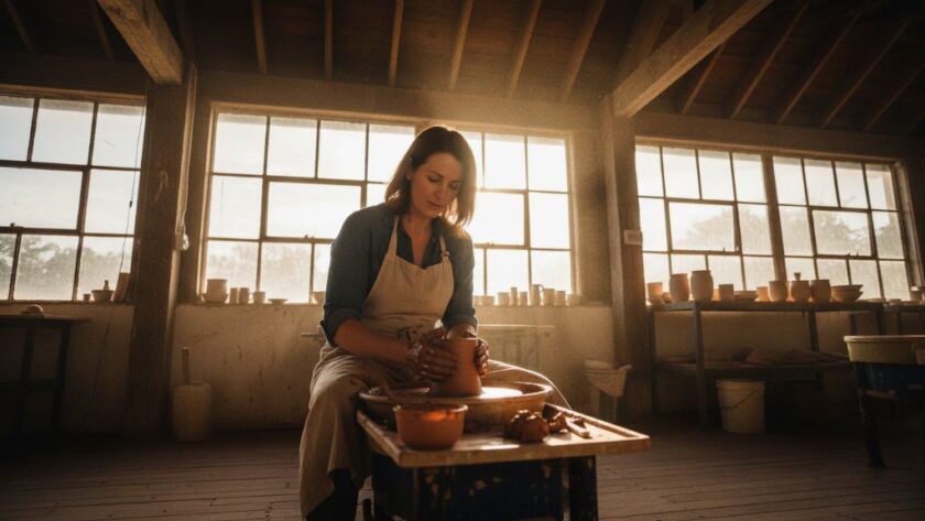 An inspiring wide-angle shot capturing the Alfredton Victoria editorial photography business storytelling impact of a passionate local artisan explaining their craft in a sun-drenched, rustic workshop, bathed in dramatic golden hour light, showcasing authentic brand narrative and expert craftsmanship.