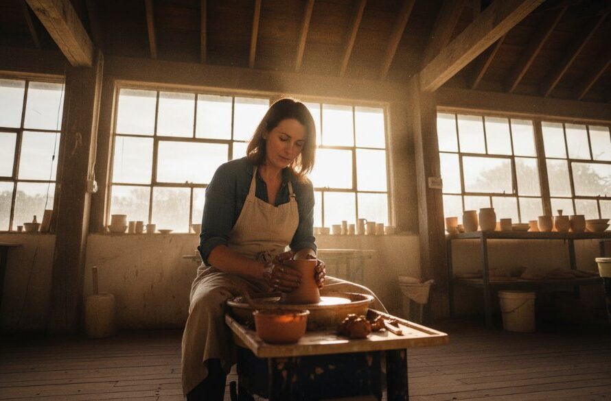 An inspiring wide-angle shot capturing the Alfredton Victoria editorial photography business storytelling impact of a passionate local artisan explaining their craft in a sun-drenched, rustic workshop, bathed in dramatic golden hour light, showcasing authentic brand narrative and expert craftsmanship.