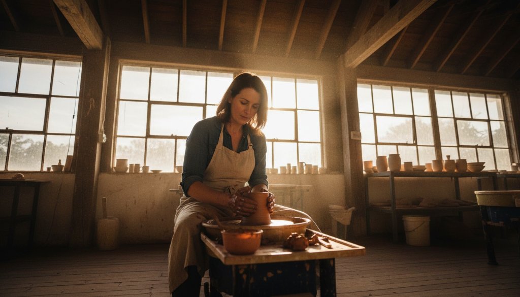 An inspiring wide-angle shot capturing the Alfredton Victoria editorial photography business storytelling impact of a passionate local artisan explaining their craft in a sun-drenched, rustic workshop, bathed in dramatic golden hour light, showcasing authentic brand narrative and expert craftsmanship.
