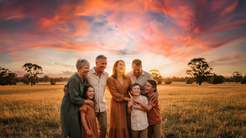 An Alfredton Victoria family photography capturing genuine moments, showing a family of four embracing joyfully at sunset in a golden field near Lake Wendouree, dramatic backlighting highlighting their silhouettes and warm expressions, professionally colour-graded for a cinematic feel.