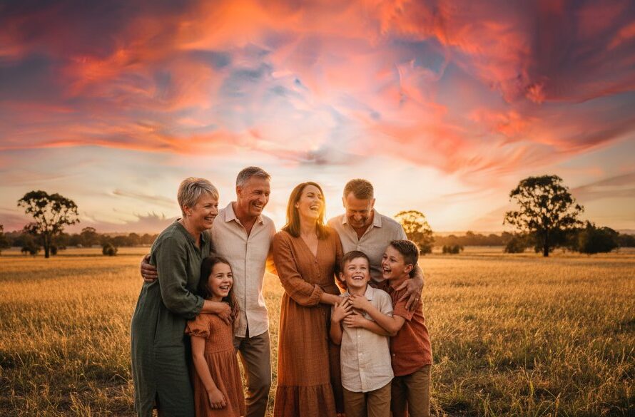 An Alfredton Victoria family photography capturing genuine moments, showing a family of four embracing joyfully at sunset in a golden field near Lake Wendouree, dramatic backlighting highlighting their silhouettes and warm expressions, professionally colour-graded for a cinematic feel.