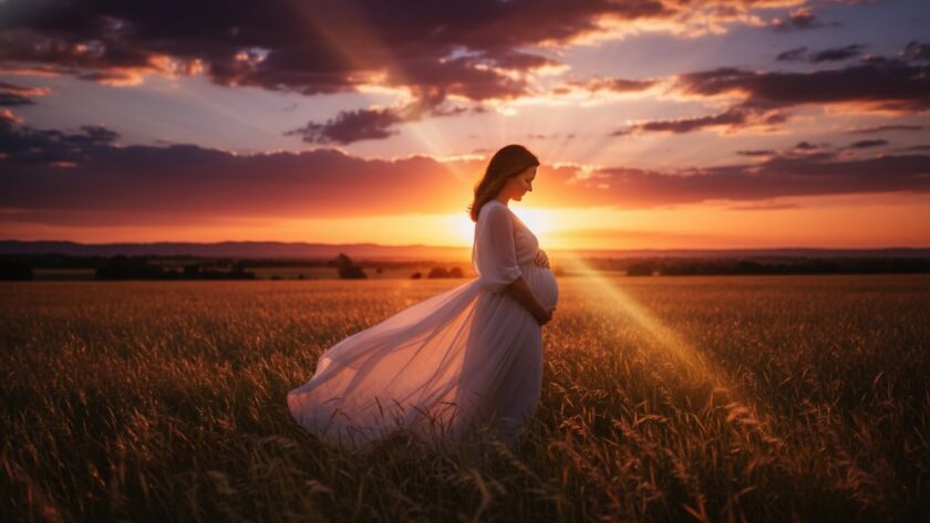 A radiant expectant mother, elegantly silhouetted against a dramatic Alfredton sunset, captured during an Alfredton Victoria Maternity Photography Scenic Outdoor Portraits session, highlighting her beautiful baby bump amidst sweeping golden fields.