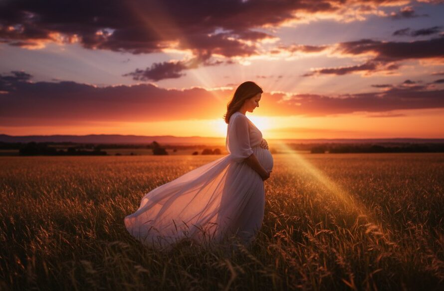 A radiant expectant mother, elegantly silhouetted against a dramatic Alfredton sunset, captured during an Alfredton Victoria Maternity Photography Scenic Outdoor Portraits session, highlighting her beautiful baby bump amidst sweeping golden fields.