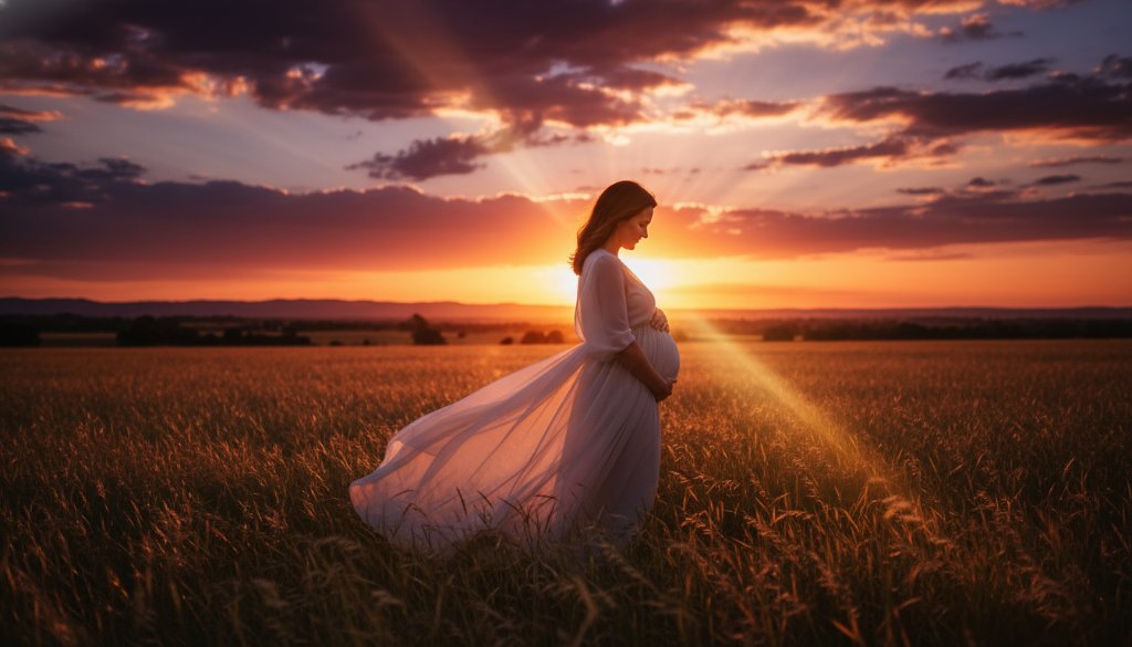 A radiant expectant mother, elegantly silhouetted against a dramatic Alfredton sunset, captured during an Alfredton Victoria Maternity Photography Scenic Outdoor Portraits session, highlighting her beautiful baby bump amidst sweeping golden fields.