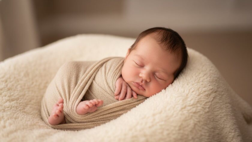 A heartwarming, professionally colour-graded cinematic photograph showing an Alfredton Victoria newborn photography artistic session, with a tiny baby peacefully asleep, swaddled in soft, natural fabric, held gently in a parent's arms, bathed in a soft, ethereal golden hour light filtering through a window, creating a serene and timeless 'epic moment'.