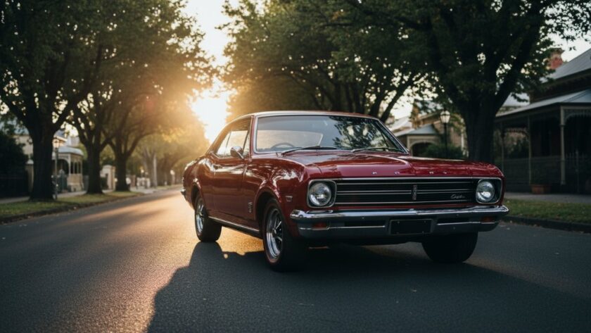 An epic moment capture of a classic vintage car at an Alfredton Vintage Car Photo Shoot, dramatically lit at dusk on a historic tree-lined street in Alfredton, Victoria, showcasing its polished chrome and elegant lines.