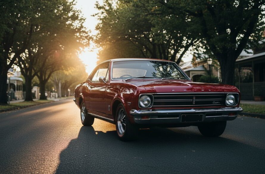 An epic moment capture of a classic vintage car at an Alfredton Vintage Car Photo Shoot, dramatically lit at dusk on a historic tree-lined street in Alfredton, Victoria, showcasing its polished chrome and elegant lines.