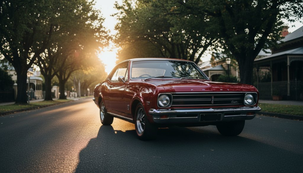 An epic moment capture of a classic vintage car at an Alfredton Vintage Car Photo Shoot, dramatically lit at dusk on a historic tree-lined street in Alfredton, Victoria, showcasing its polished chrome and elegant lines.