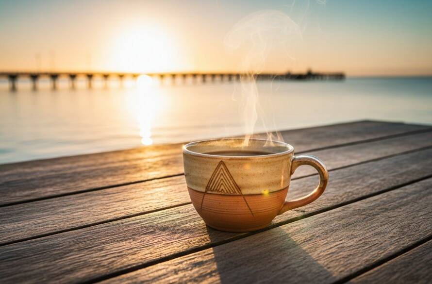 Dynamic close-up shot of a gourmet coffee product, expertly lit to highlight texture and steam, set against a blurred backdrop of Altona's tranquil pier at dawn, captured by Altona advertising product photography specialists, conveying warmth and premium quality.