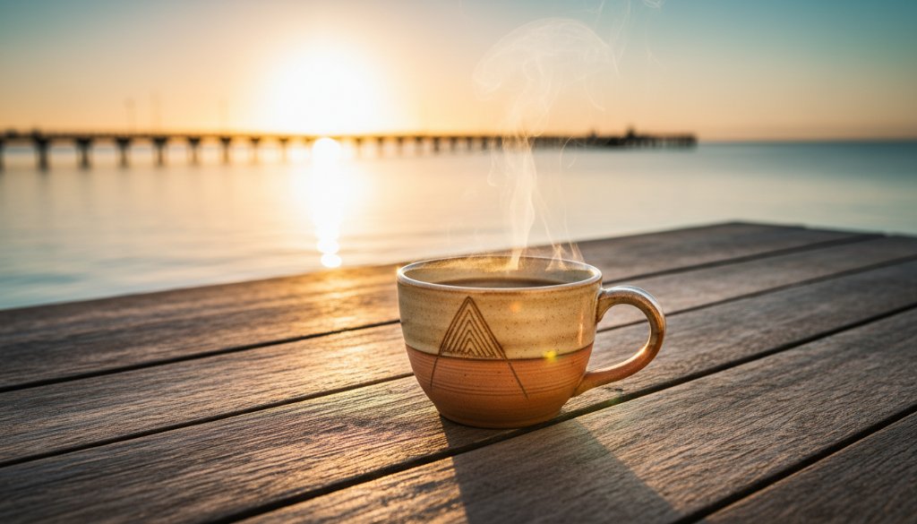 Dynamic close-up shot of a gourmet coffee product, expertly lit to highlight texture and steam, set against a blurred backdrop of Altona's tranquil pier at dawn, captured by Altona advertising product photography specialists, conveying warmth and premium quality.