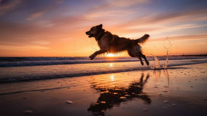 Dynamic, low-angle shot of a Golden Retriever joyfully leaping through the shallow waves at Altona Beach, backlit by a vibrant sunset, perfectly illustrating Altona Beach dog photography capturing joyful pet portraits.