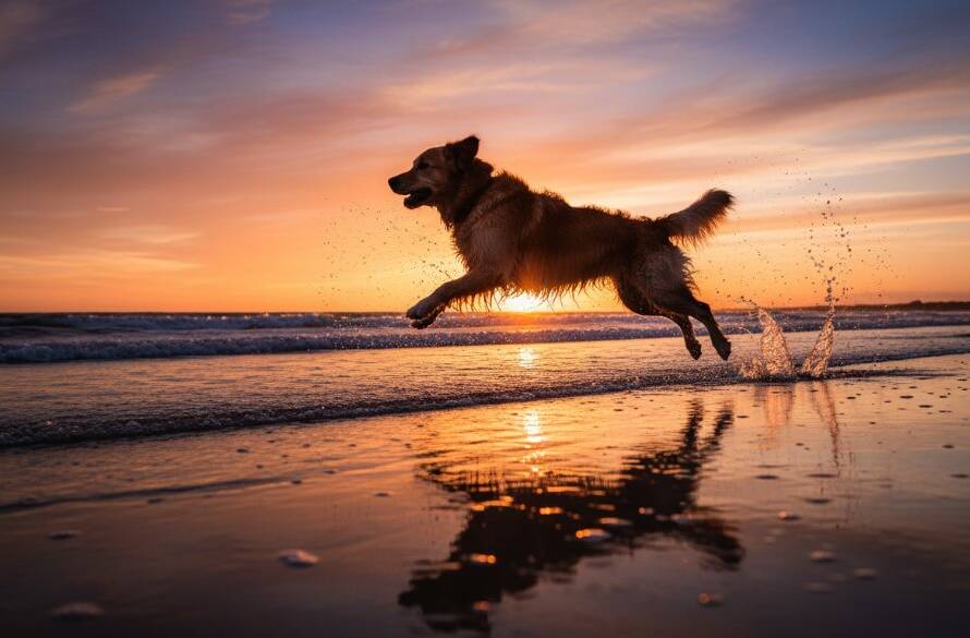 Dynamic, low-angle shot of a Golden Retriever joyfully leaping through the shallow waves at Altona Beach, backlit by a vibrant sunset, perfectly illustrating Altona Beach dog photography capturing joyful pet portraits.