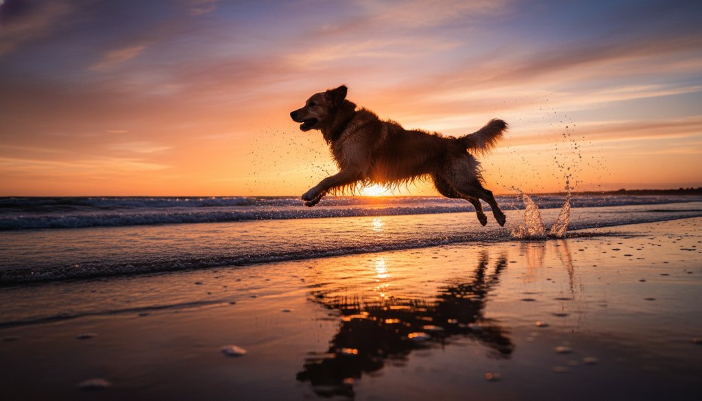 Dynamic, low-angle shot of a Golden Retriever joyfully leaping through the shallow waves at Altona Beach, backlit by a vibrant sunset, perfectly illustrating Altona Beach dog photography capturing joyful pet portraits.