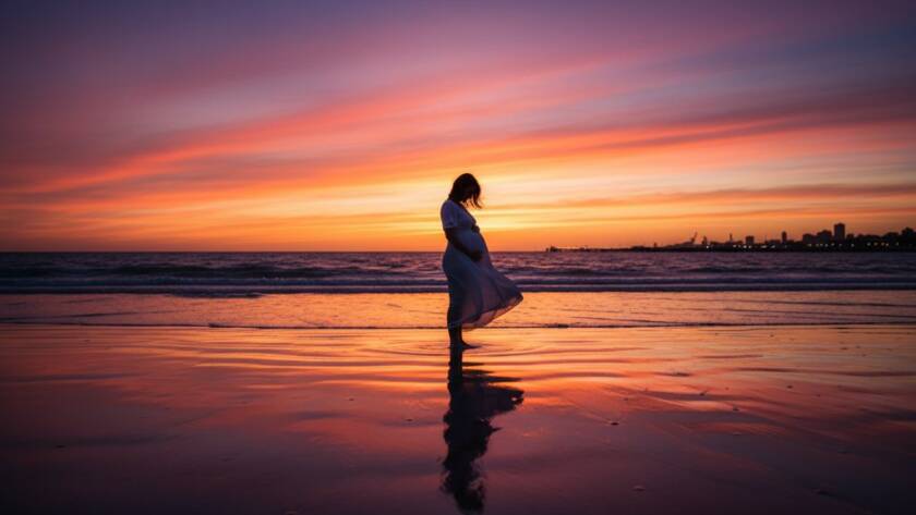 An awe-inspiring Altona beach golden hour maternity photoshoot moment, featuring a glowing pregnant woman silhouetted against a vibrant sunset, her hands cradling her bump, with gentle waves lapping the shore in the foreground, professional colour grading.