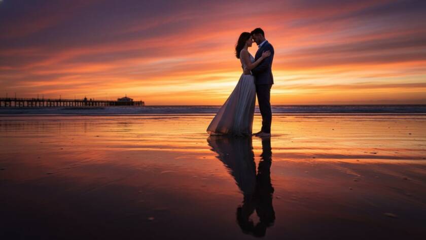 A romantic couple sharing an intimate embrace on Altona Beach during a pre-wedding photoshoot, bathed in the golden light of a Victorian sunset. The dramatic sky reflects off the wet sand, capturing an epic moment.