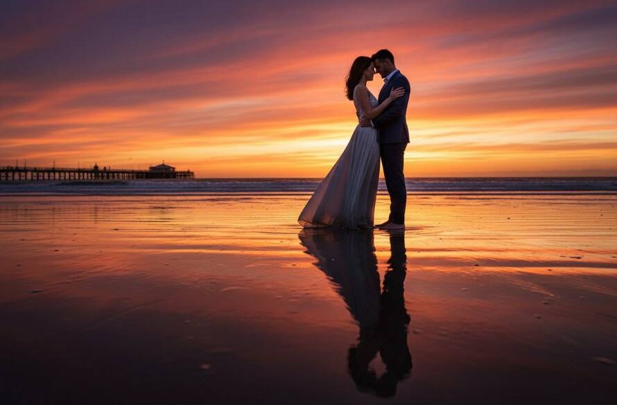 A romantic couple sharing an intimate embrace on Altona Beach during a pre-wedding photoshoot, bathed in the golden light of a Victorian sunset. The dramatic sky reflects off the wet sand, capturing an epic moment.