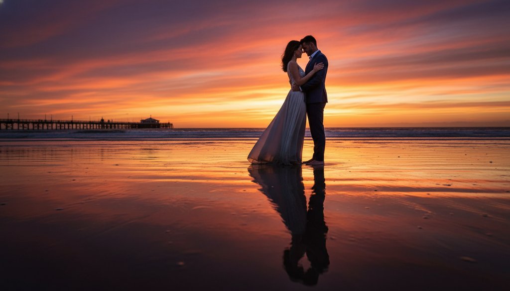 A romantic couple sharing an intimate embrace on Altona Beach during a pre-wedding photoshoot, bathed in the golden light of a Victorian sunset. The dramatic sky reflects off the wet sand, capturing an epic moment.