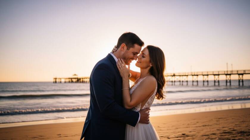 An epic moment of a newlywed couple embracing on Altona beach at sunset, with golden light illuminating their faces and the iconic pier in the background, capturing their dreamy Altona beach sunset wedding photos Victoria.