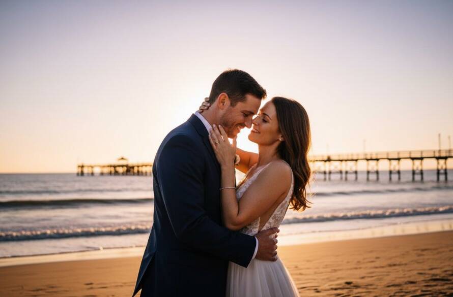 An epic moment of a newlywed couple embracing on Altona beach at sunset, with golden light illuminating their faces and the iconic pier in the background, capturing their dreamy Altona beach sunset wedding photos Victoria.