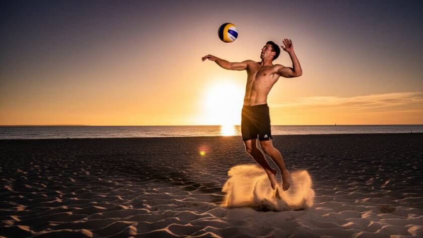 Dynamic, colour-graded photograph captured by Altona beach volleyball photography experts, showing a player mid-air, spiking a ball during a sunset game at Altona Beach, with dramatic lighting and sand flying.