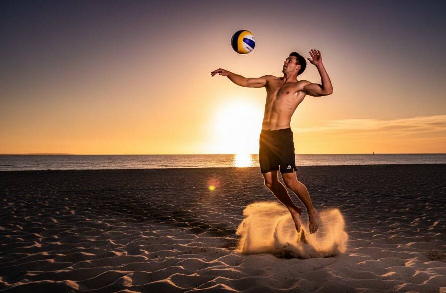 Dynamic, colour-graded photograph captured by Altona beach volleyball photography experts, showing a player mid-air, spiking a ball during a sunset game at Altona Beach, with dramatic lighting and sand flying.