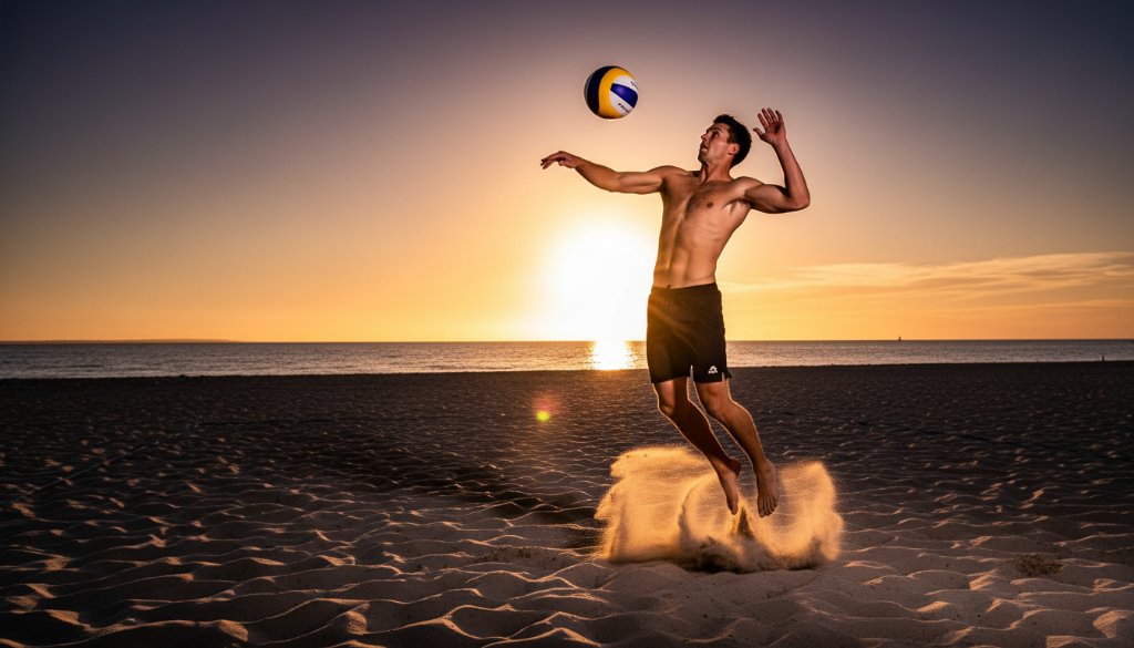 Dynamic, colour-graded photograph captured by Altona beach volleyball photography experts, showing a player mid-air, spiking a ball during a sunset game at Altona Beach, with dramatic lighting and sand flying.