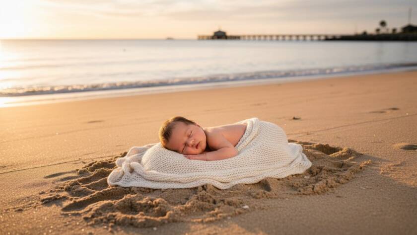 Dramatic, cinematic wide shot of a serene baby sleeping peacefully on a soft, natural blanket amidst the golden sands of Altona Beach at sunrise, with the gentle waves in the background and soft, warm light casting a glow. This 'Altona beachfront newborn photography sessions' image captures a tender, epic moment with professional color grading.