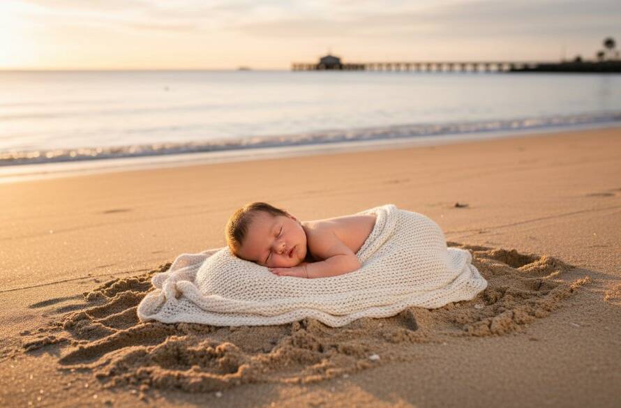 Dramatic, cinematic wide shot of a serene baby sleeping peacefully on a soft, natural blanket amidst the golden sands of Altona Beach at sunrise, with the gentle waves in the background and soft, warm light casting a glow. This 'Altona beachfront newborn photography sessions' image captures a tender, epic moment with professional color grading.