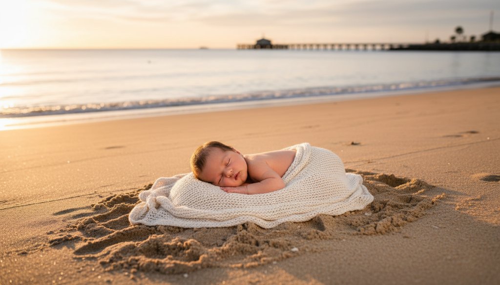 Dramatic, cinematic wide shot of a serene baby sleeping peacefully on a soft, natural blanket amidst the golden sands of Altona Beach at sunrise, with the gentle waves in the background and soft, warm light casting a glow. This 'Altona beachfront newborn photography sessions' image captures a tender, epic moment with professional color grading.