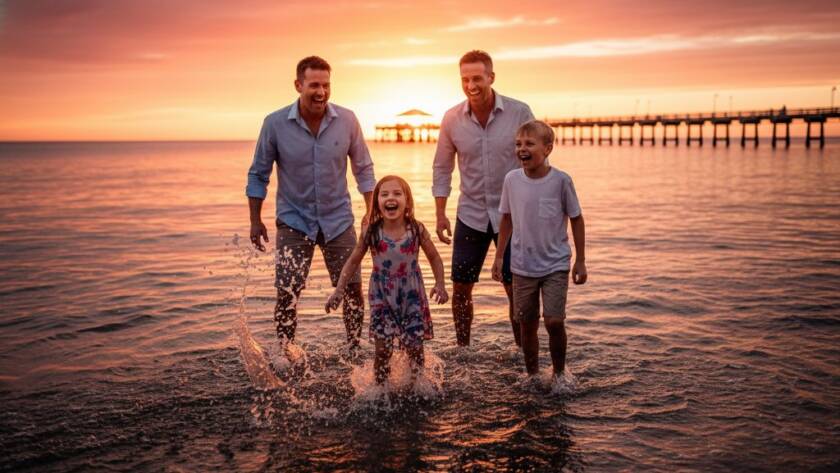 An emotional, cinematic photograph capturing genuine joy through Altona candid photography: a family laughing heartily on Altona Beach at sunset, with children splashing near the iconic pier, illuminated by golden hour light, showcasing authentic connection.