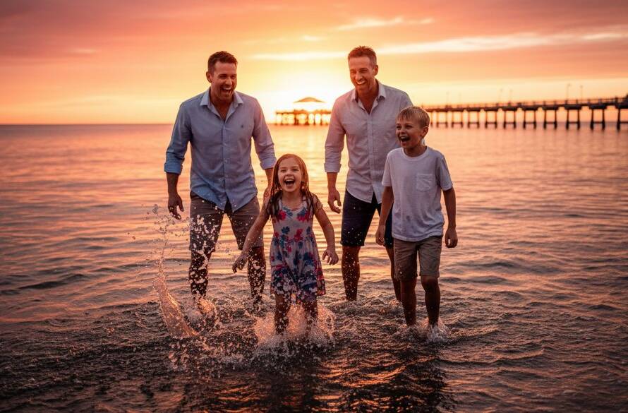 An emotional, cinematic photograph capturing genuine joy through Altona candid photography: a family laughing heartily on Altona Beach at sunset, with children splashing near the iconic pier, illuminated by golden hour light, showcasing authentic connection.