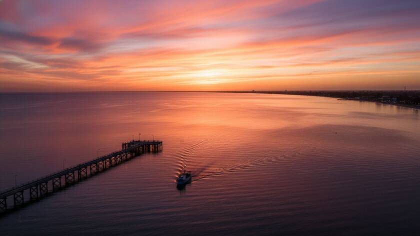 An epic moment captured by Altona coastal drone photography Victorian sunset, showcasing the vibrant orange and purple hues over Altona Pier with a lone fishing boat returning, viewed from high above.