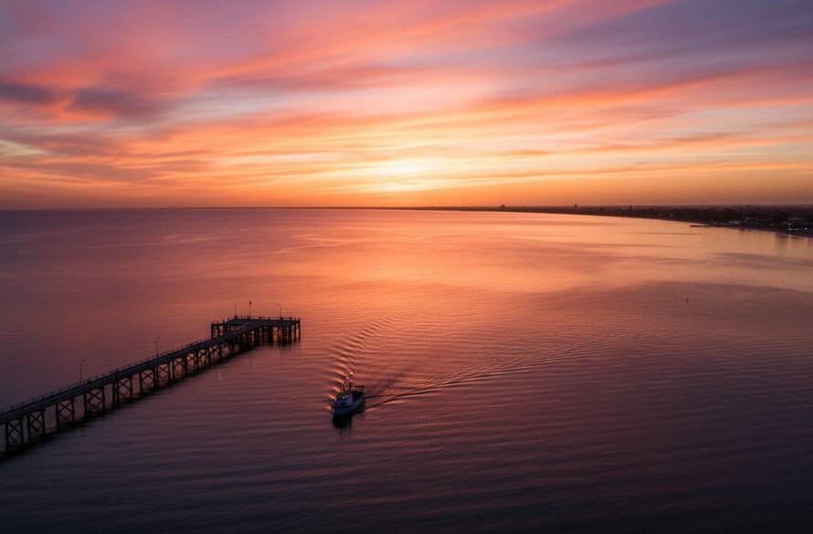 An epic moment captured by Altona coastal drone photography Victorian sunset, showcasing the vibrant orange and purple hues over Altona Pier with a lone fishing boat returning, viewed from high above.
