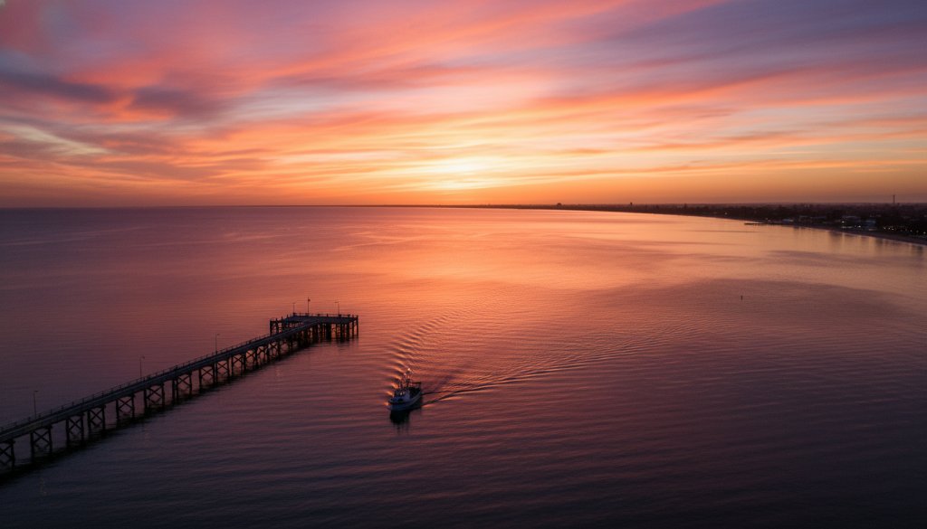 An epic moment captured by Altona coastal drone photography Victorian sunset, showcasing the vibrant orange and purple hues over Altona Pier with a lone fishing boat returning, viewed from high above.