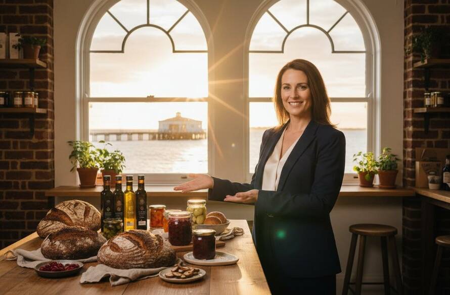 Dramatic, cinematic shot of a thriving local business in Altona, illuminated by warm sunset light, with its owner proudly showcasing their products, epitomizing Altona Commercial Photography to Boost Local Business Visibility through powerful imagery.