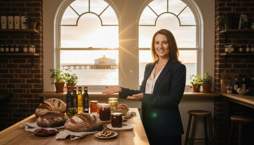 Dramatic, cinematic shot of a thriving local business in Altona, illuminated by warm sunset light, with its owner proudly showcasing their products, epitomizing Altona Commercial Photography to Boost Local Business Visibility through powerful imagery.