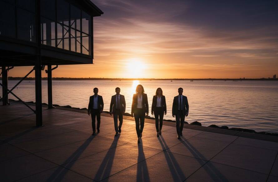 A dynamic, high-angle shot of a diverse group of business professionals in Altona, Victoria, caught in a moment of collaborative discussion, showcasing Altona corporate headshots professional impact with dramatic light from a sunset reflecting off the nearby bay, conveying professionalism and ambition.