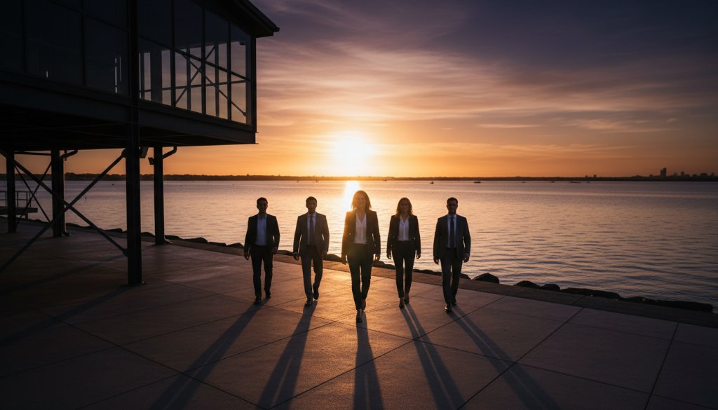 A dynamic, high-angle shot of a diverse group of business professionals in Altona, Victoria, caught in a moment of collaborative discussion, showcasing Altona corporate headshots professional impact with dramatic light from a sunset reflecting off the nearby bay, conveying professionalism and ambition.