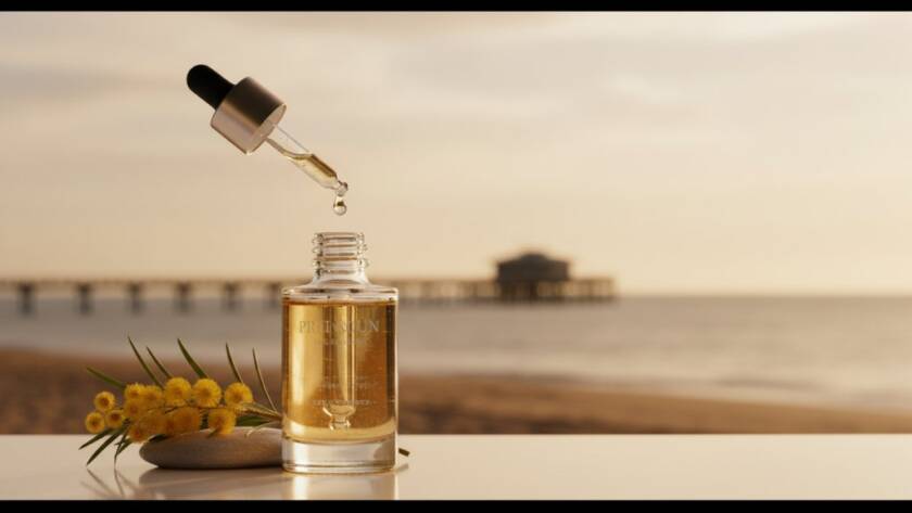 An epic moment captured: a beautifully illuminated artisanal facial serum bottle, with a perfectly formed droplet suspended mid-air, showcasing Altona e-commerce product photography experts' skill with dynamic lighting and vibrant colour grading, set against a subtle, blurred Altona beach sunrise backdrop.