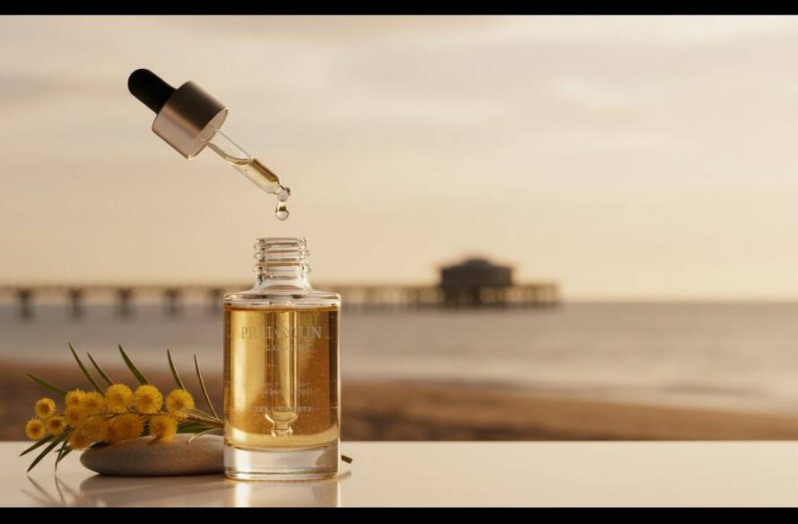 An epic moment captured: a beautifully illuminated artisanal facial serum bottle, with a perfectly formed droplet suspended mid-air, showcasing Altona e-commerce product photography experts' skill with dynamic lighting and vibrant colour grading, set against a subtle, blurred Altona beach sunrise backdrop.