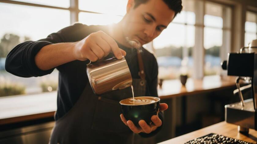 A captivating, cinematic shot of a barista passionately crafting coffee in a sun-drenched Altona cafe, perfectly embodying Altona editorial photography for local businesses capturing authentic stories. The focus is on the intricate process, with dramatic backlighting highlighting the steam and concentration, creating an epic moment of local craftsmanship.