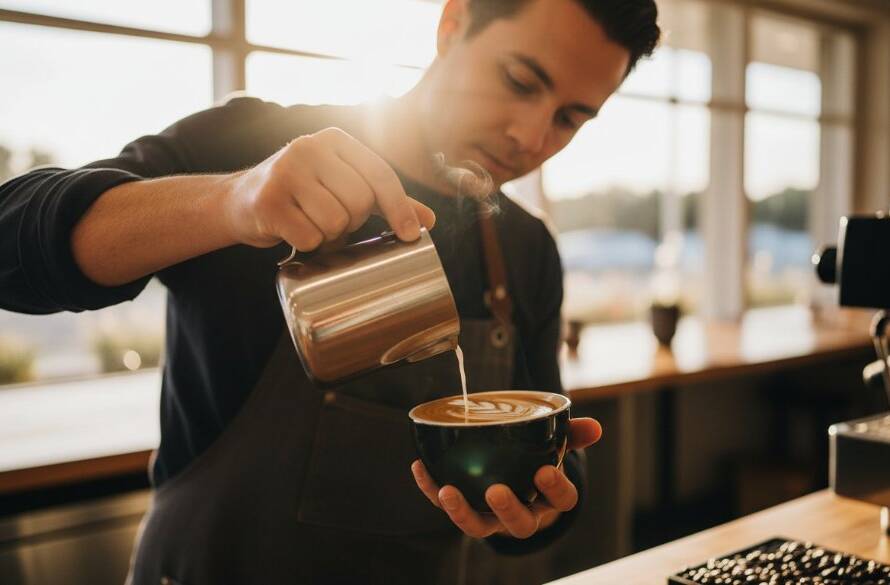 A captivating, cinematic shot of a barista passionately crafting coffee in a sun-drenched Altona cafe, perfectly embodying Altona editorial photography for local businesses capturing authentic stories. The focus is on the intricate process, with dramatic backlighting highlighting the steam and concentration, creating an epic moment of local craftsmanship.