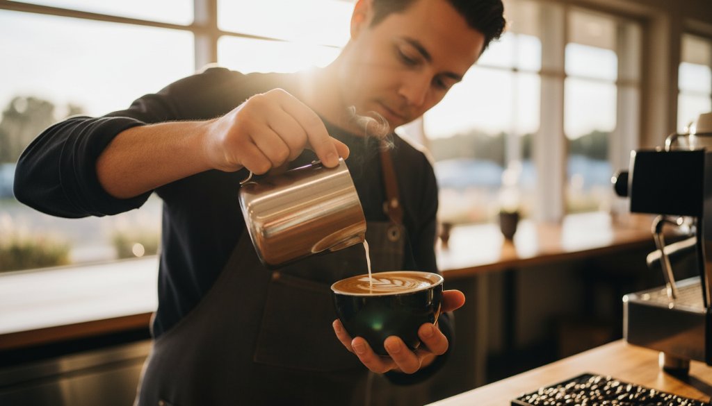 A captivating, cinematic shot of a barista passionately crafting coffee in a sun-drenched Altona cafe, perfectly embodying Altona editorial photography for local businesses capturing authentic stories. The focus is on the intricate process, with dramatic backlighting highlighting the steam and concentration, creating an epic moment of local craftsmanship.