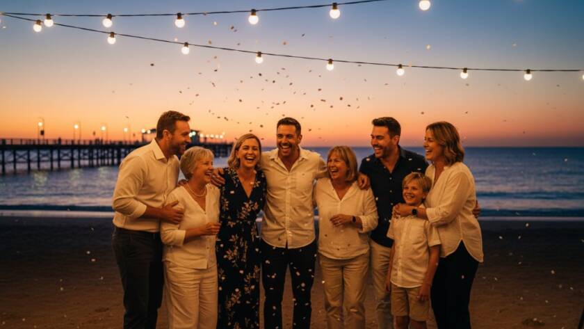 Altona family party photography vibrant moments: A wide shot capturing guests laughing and dancing under string lights at a twilight beachside party in Altona, Victoria, with the pier faintly visible in the background, professional cinematic lighting, rich colour grading, dynamic composition, joy.